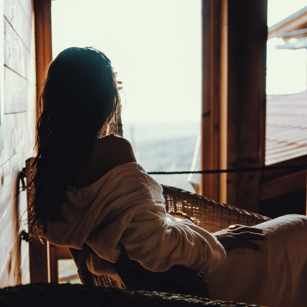 Woman In Bathrobe Looking Outside SplitShire 19 09919